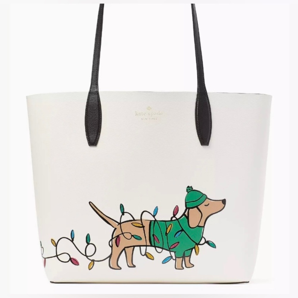 NWT CHRISTMAS KATE SPADE CLAUDE DACHSHUND LIGHTS TOTE WITH SMALL WRISTLET.